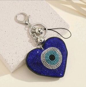 ✨️💙👀  Evil eye blue Rhinestone Decor heart Charm Keychain ✨️💙👀